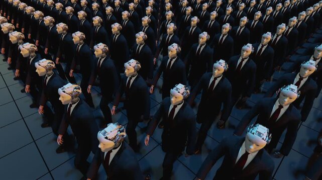 Endless 3d loop animation of humanoid robots in business suits walking together. Concept of corporate automation, future workforce and artificial intelligence taking over office jobs.