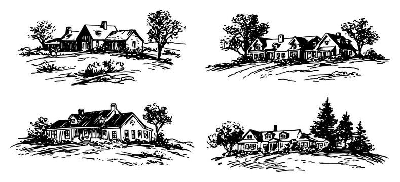 Rural farmhouses and country cottages on hills surrounded by trees in vintage sketch style