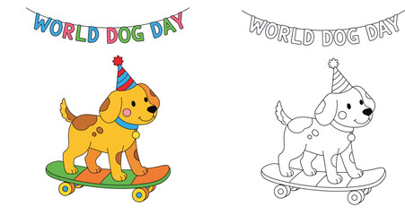 Fototapeta premium World Dog Day: Cartoon Puppy Skateboarder with Party Hat