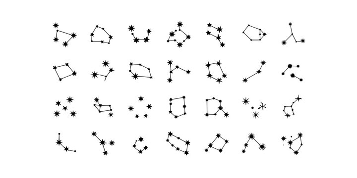 Constellations hand-drawn set with black stars and connecting lines featuring astronomy, celestial, night sky with star patterns and vector elements