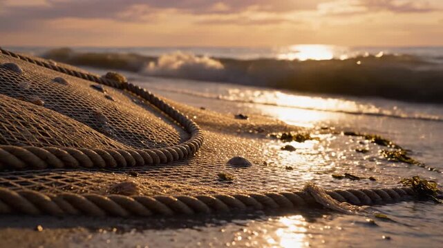 A large traditional nylon fishing net with floats is laid out on a sandy beach near the ocean shore during the day, showing the mesh texture and ropes used for commercial fishing.