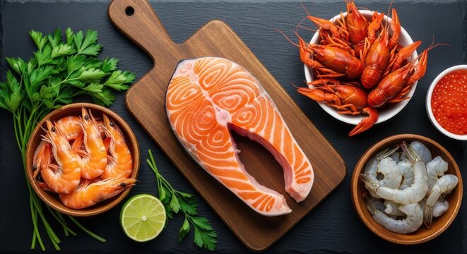 Fresh seafood assortment with salmon, shrimp, crayfish, and roe on dark background