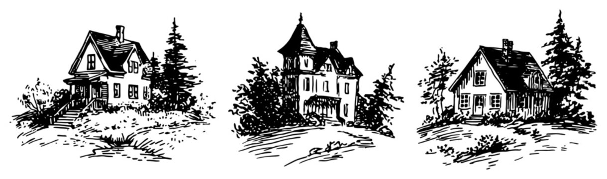 Suburban residential houses with pine trees hand drawn vintage engraving vector sketch style