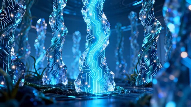 Futuristic transparent crystal columns with glowing circuits