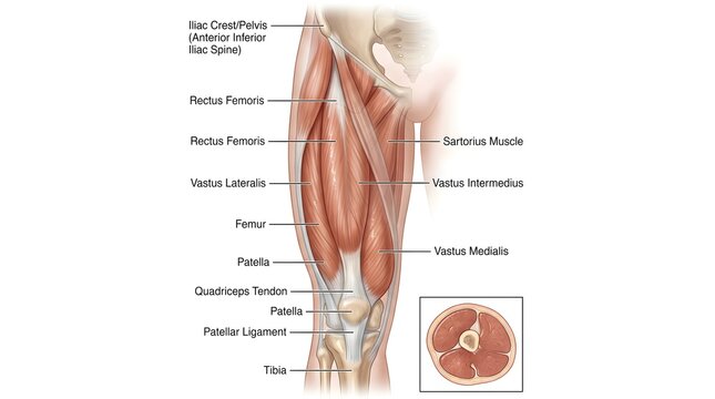 Quadriceps Femoris Anatomy: Anterior Thigh View Showing Rectus Femoris, Vastus Lateralis, Vastus Medialis, Vastus Intermedius, Quadriceps Tendon, Patella and Patellar Ligament with Femur and Tibia for