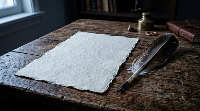 Vintage Quill Pen and Blank Parchment Paper on Old Wooden Desk