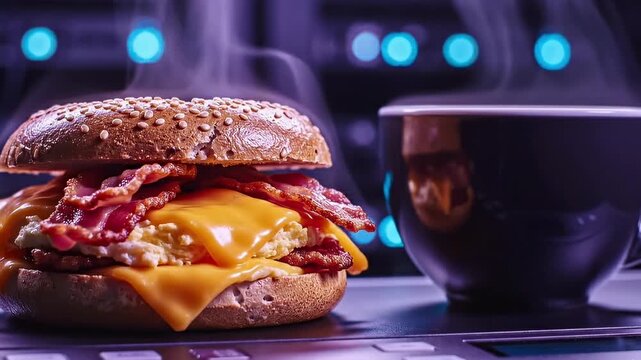 Steaming Breakfast Bacon Egg Sandwich and Coffee on Modern Technology Data Control Panel