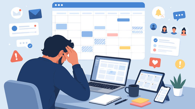 Man feeling stressed and overwhelmed by work and notifications.