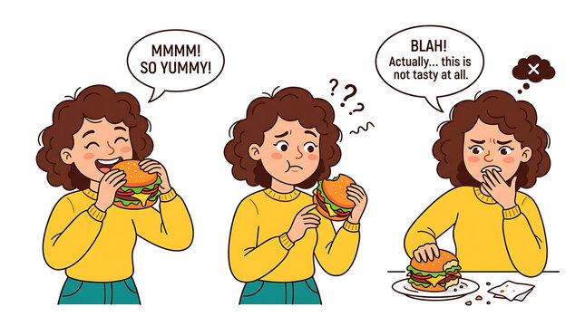 A woman eating a burger expresses surprise and disgust at its unexpected taste in a restaurant.