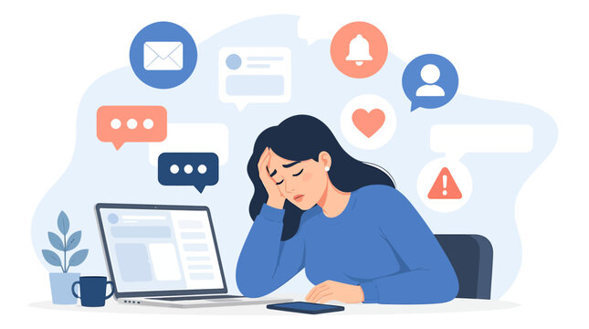 Woman feeling overwhelmed by digital notifications and social media.