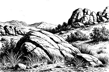 Black and white of rocky landscape with rolling hills and sparse vegetation nature © Milon