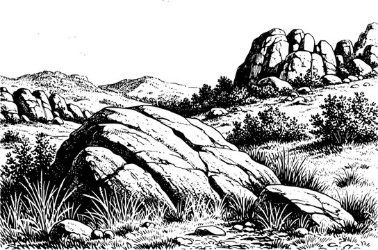 Black and white of rocky landscape with rolling hills and sparse vegetation nature