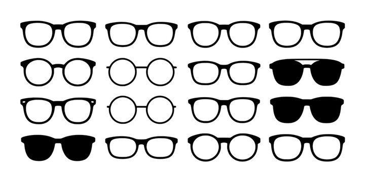 Glasses set with various styles and designs including round, square, and rectangular frames featuring eyeglasses, black, white with line art and