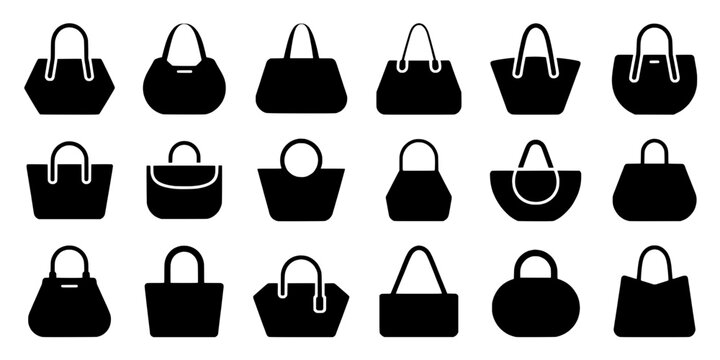 Handbag icon pack with minimalist silhouettes, solid shapes, and simple outline handles for fashion graphics and UI design