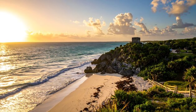 A serene beach scene at sunset with waves gently lapping at the shore