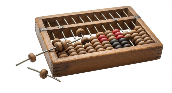 Wooden abacus with sliding beads, including red and black accent beads, isolated on a solid black background, with two loose, rods and beads