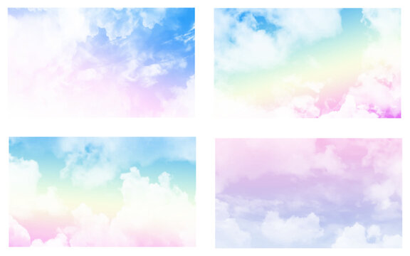 Romantic pastel pink and blue cloudscape sky background texture bundle.
