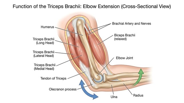 Function of the Triceps Brachii in Elbow Extension (Cross‑Sectional View): Posterior Arm Muscles, Tendon Insertion on Olecranon, Brachial Artery and Nerves, Humerus, Ulna and Radius with Arrows Indica