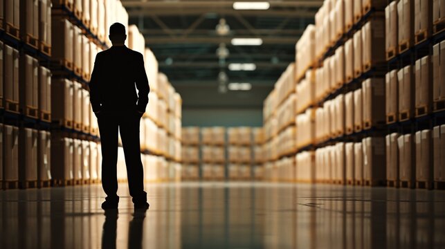 A silhouette of a manager stands in the foreground, overlooking rows of stacked cargo in a vast warehouse. The dim lighting casts a dramatic shadow, providing ample copy space for text or design