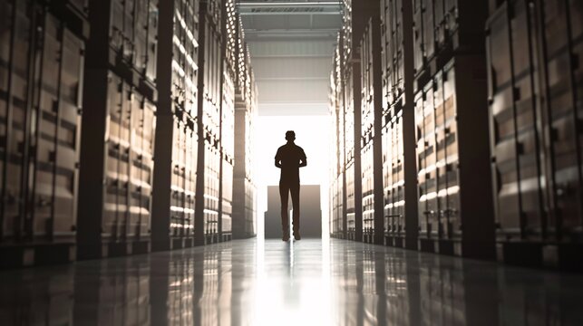 In a spacious storage facility, the silhouette of a manager is seen walking between towering stacks of cargo. The scene is backlit, creating a striking contrast and leaving plenty of copy space.
