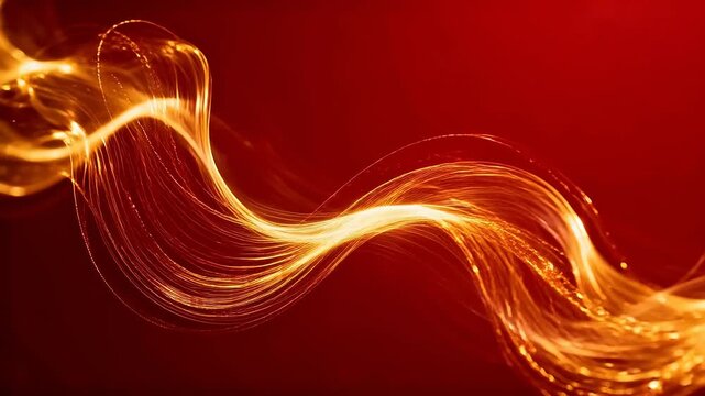 Abstract golden glowing lines intertwining on red background