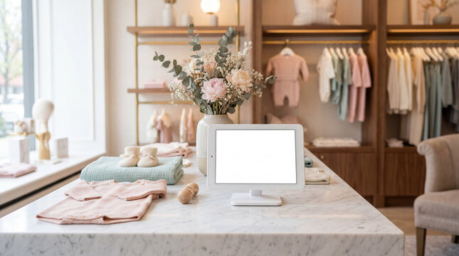 Tablet POS screen on marble counter in elegant baby clothing boutique