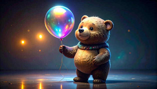 Cute Teddy Bear Holding Iridescent Balloon in Dark Room