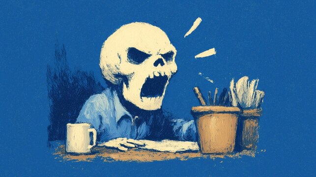 Angry office worker as a skeleton, burnt out office worker angry at work, anger at work.. High quality