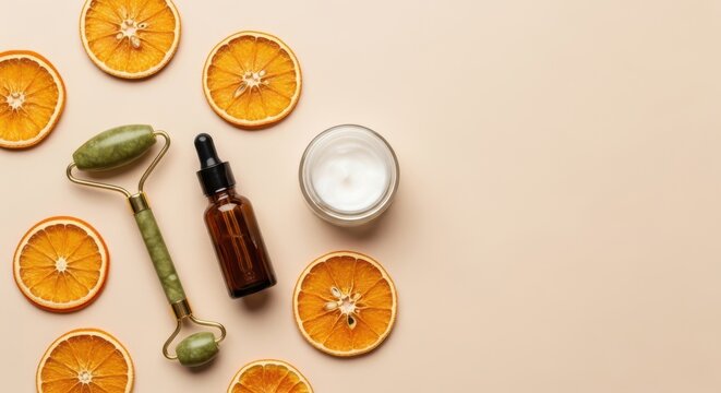 Face serum, cream jar, and jade roller with dried orange slices