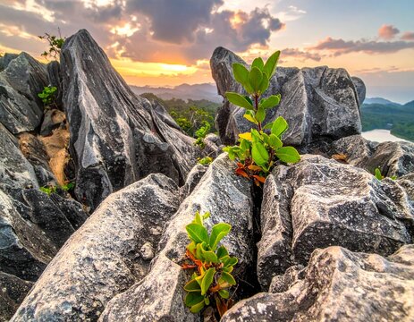 Close detailed rock formation of Lembah Harau with small tropical plants growing from cracks, bright natural daylight