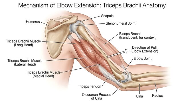 Mechanism of Elbow Extension: Triceps Brachii Anatomy with Long, Lateral and Medial Heads, Olecranon Tendon Insertion, Humerus and Scapula Attachments and Direction of Pull Producing Straightening of 