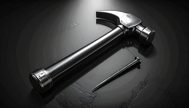 Hammer and screw on dark surface