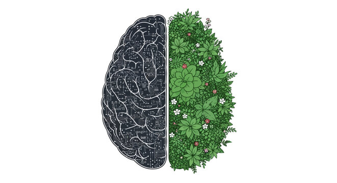 Human brain split into circuit board and green plants representing logic and nature.