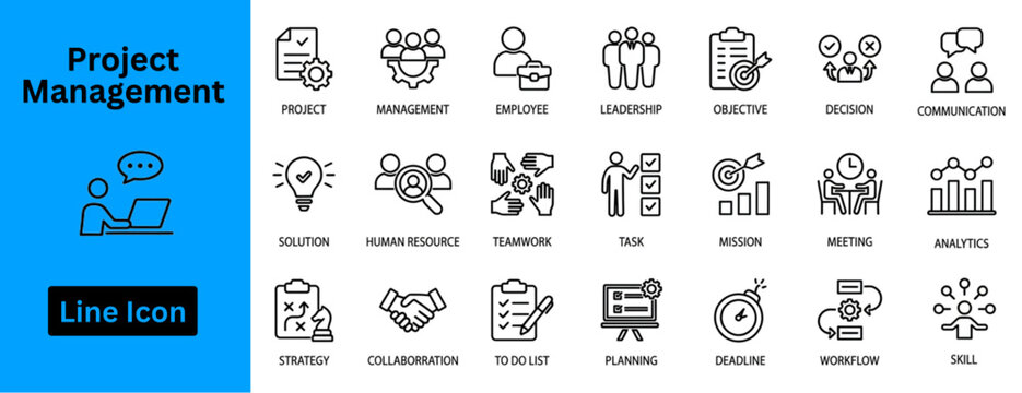 Line art vector of Project Management icon set. Project Management outline icon set.  including time management, budget, time line, to do list, integration, brainstorm, goal settings. 