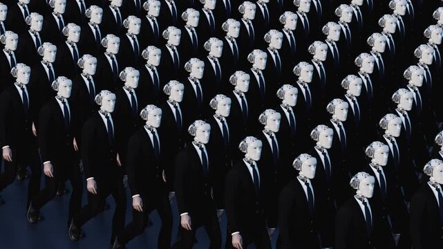 Endless 3d loop animation of humanoid robots in business suits walking together. Concept of corporate automation, future workforce and artificial intelligence taking over office jobs.
