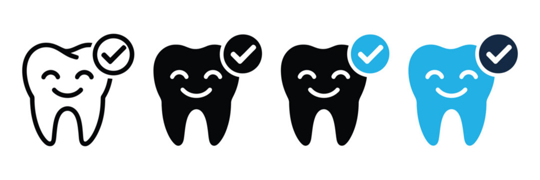 Set of happy tooth icons with check mark, healthy dental care concept, vector illustration