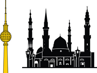 Islamic Mosque Silhouette Icon with Berlin Television Tower Graphic for Multicultural German Architecture and Religious Landmarks © pappa