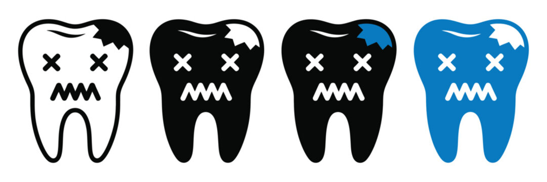 Set of cartoon broken teeth icons with dead eyes and zigzag mouth, dental decay and cavity concept