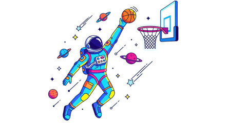Astronaut playing basketball in outer space, dunking a ball into a hoop surrounded by planets and stars. © turi