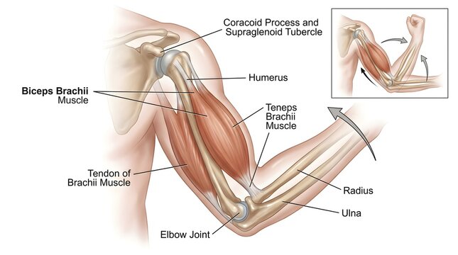 Biceps Brachii and Brachialis in Elbow Flexion: Lateral View Showing Muscle Bellies, Tendons, Humerus, Radius and Ulna with Movement Arrows Demonstrating How Contraction Produces Flexion at the Elbow 