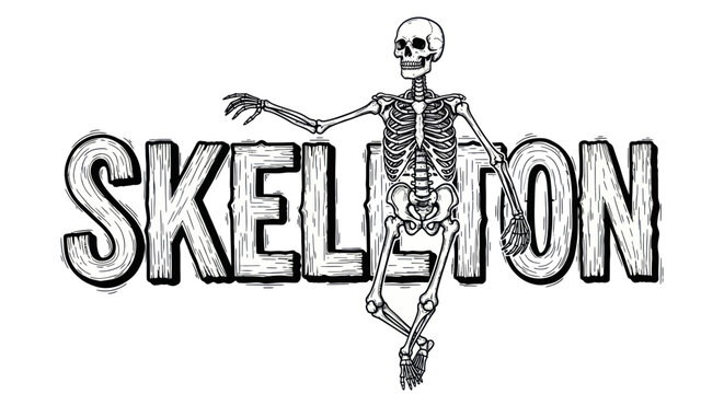 Dancing Skeleton Over the Word Skeleton, Black and White Illustration
