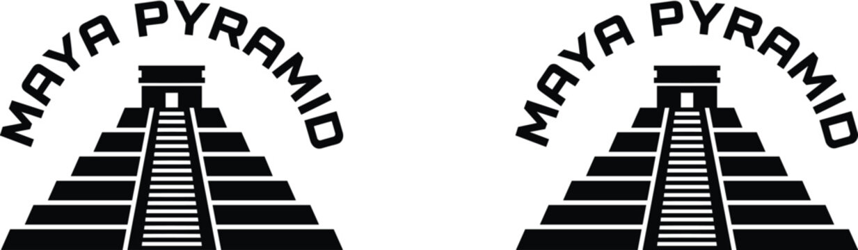 Maya Pyramid Logo Badge Set with Ancient Chichen Itza Temple Text and Step Pyramid Silhouette Symbols