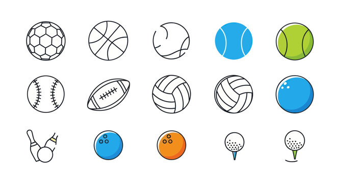 Set of Sports Balls Icons: Basketball, Tennis, Soccer, Baseball, Football, Volleyball, Bowling, Golf
