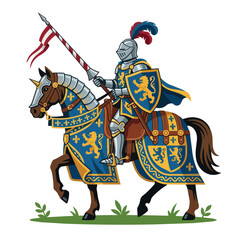 Obraz premium Medieval knight in full armor riding a horse with a lance and shield