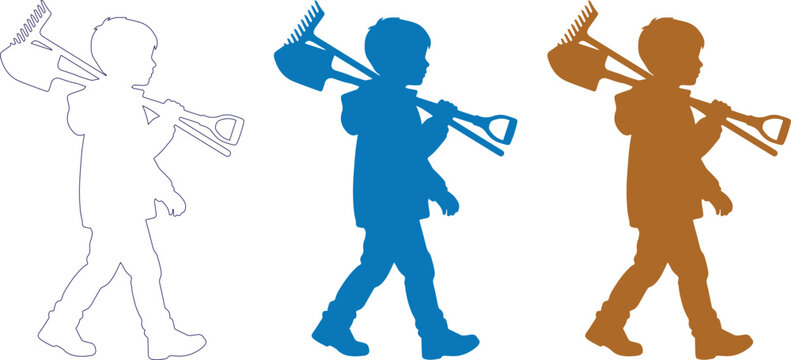 Minimalist boy silhouette with shovel and rake, child gardener walking with garden tools vector, little worker carrying spade and rake set isolated on White Background