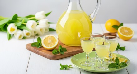 Fototapeta premium Limoncello liqueur in a glass carafe with fresh lemons, mint leaves, and white tulips on a wooden board