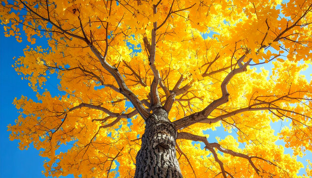 Autumnal tree canopy against blue sky