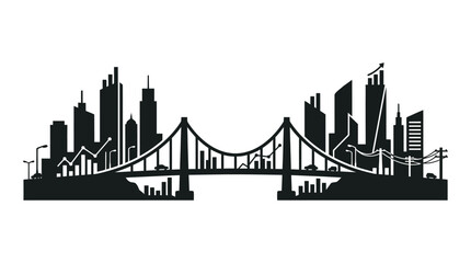 Cityscape Silhouette With Bridge And Skyscrapers Against White Background © IM