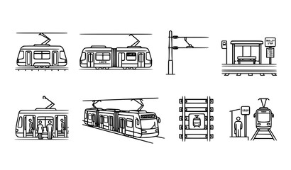 Naklejka premium Electric Trolley Car Vector Icon Collection in Outline Style for Urban Transport Web Design