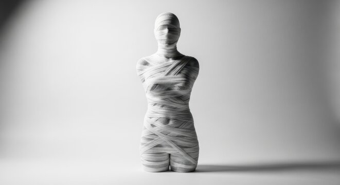 Mummy Sculpture: A stark, dramatic portrayal of a mummy figure, its form meticulously wrapped in bandages, illuminated by a stark spotlight creating an atmosphere of mystery and ancient enigma.
